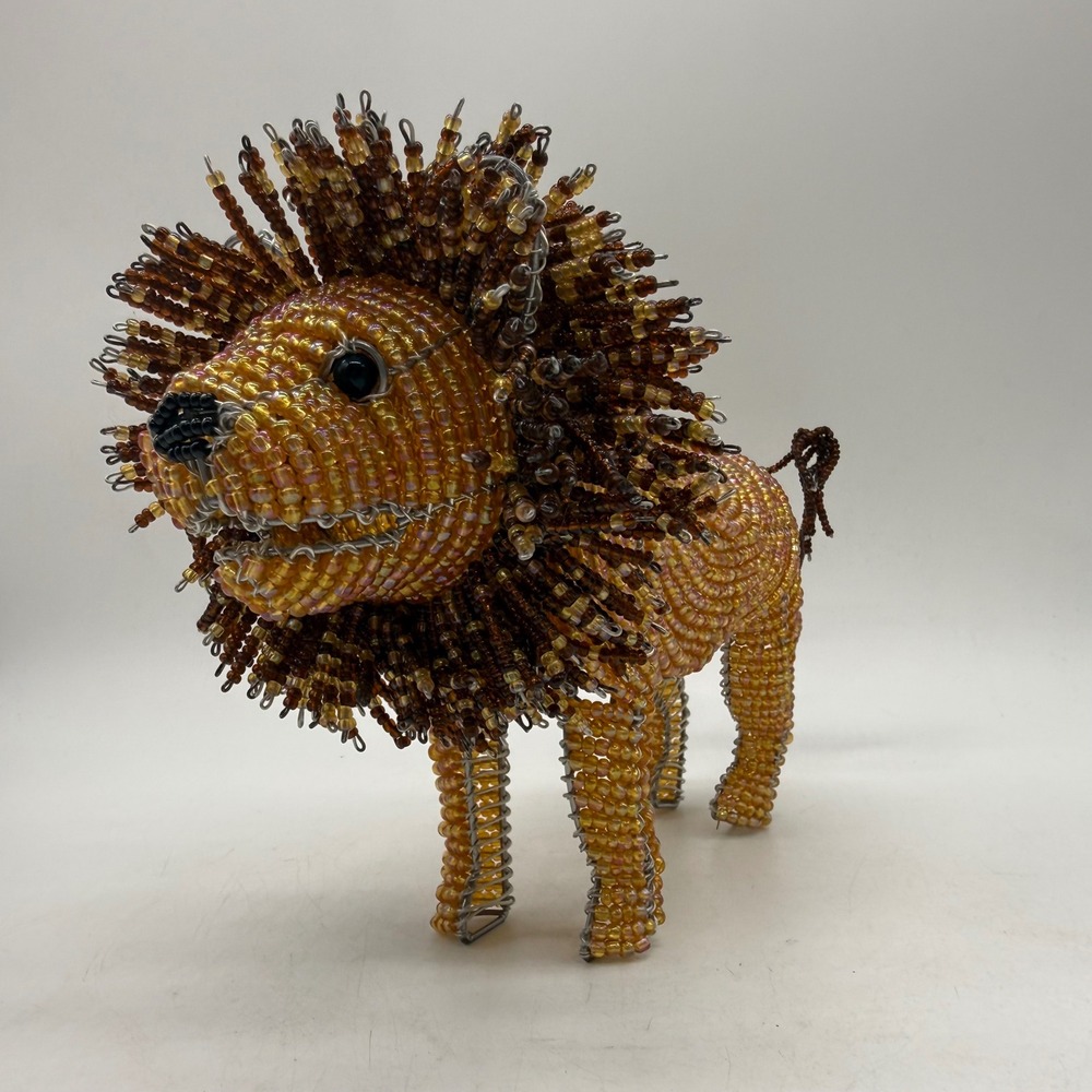 Beaded Lion Sculpture Gold Brown African Folk Art Safari Vintage Rare Unique